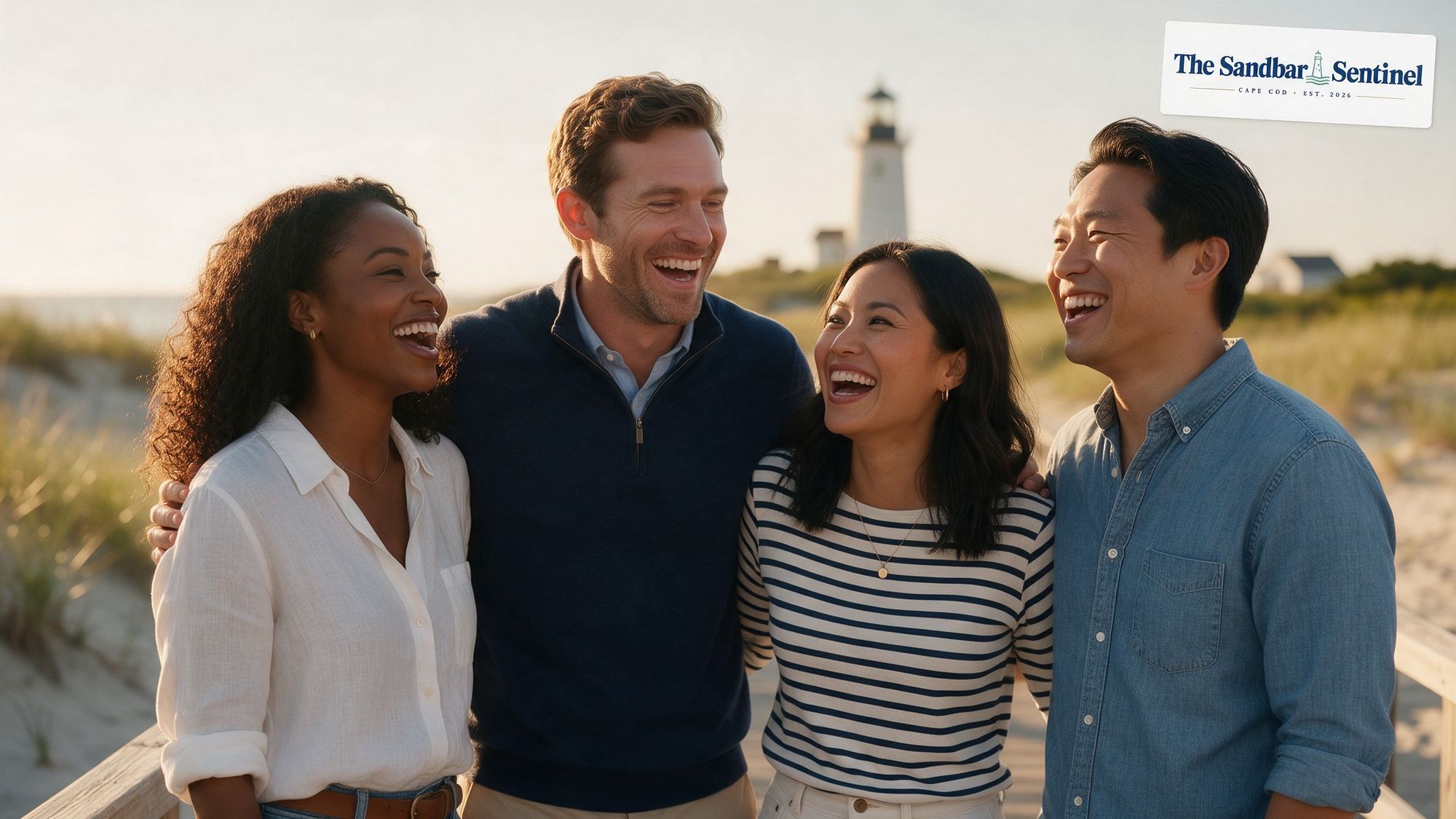 Friends laughing on a Cape Cod boardwalk at golden hour