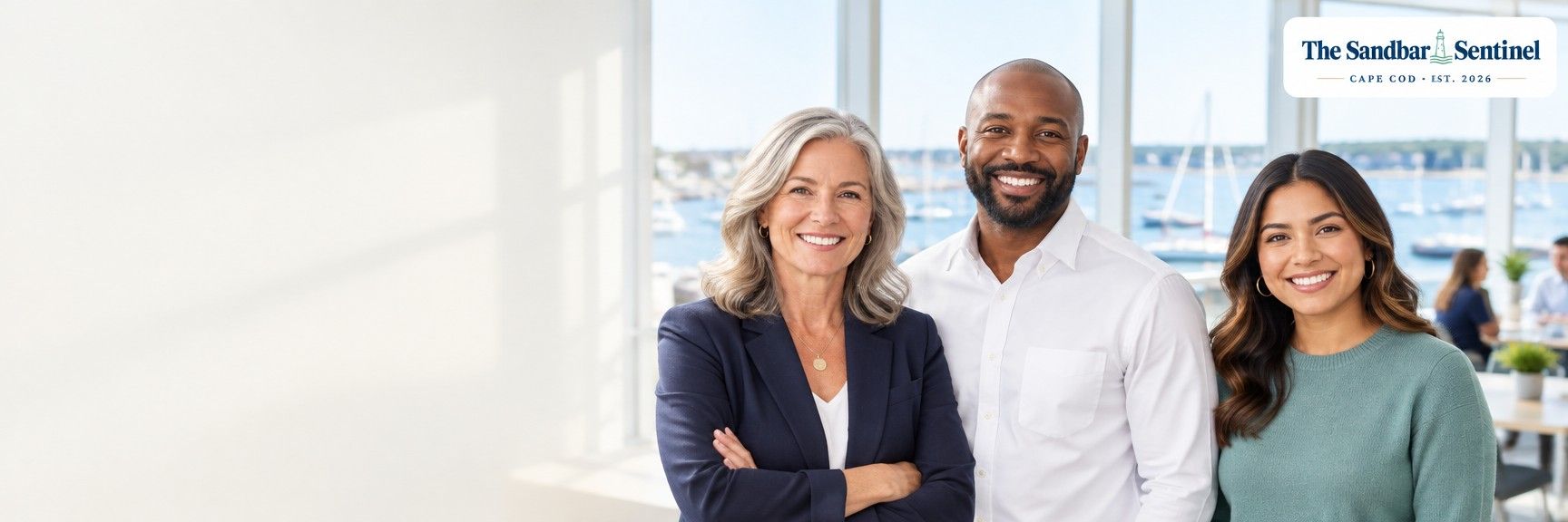 Smiling Cape Cod business owners in a harbour-view office
